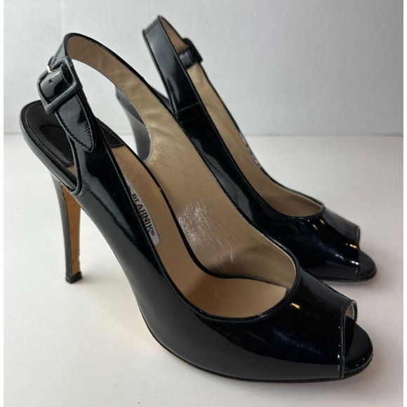 Manolo Blahnik Black Patent Leather Slingback Pump Peep Toe High Heels 38 US 8 - Picture 2 of 16